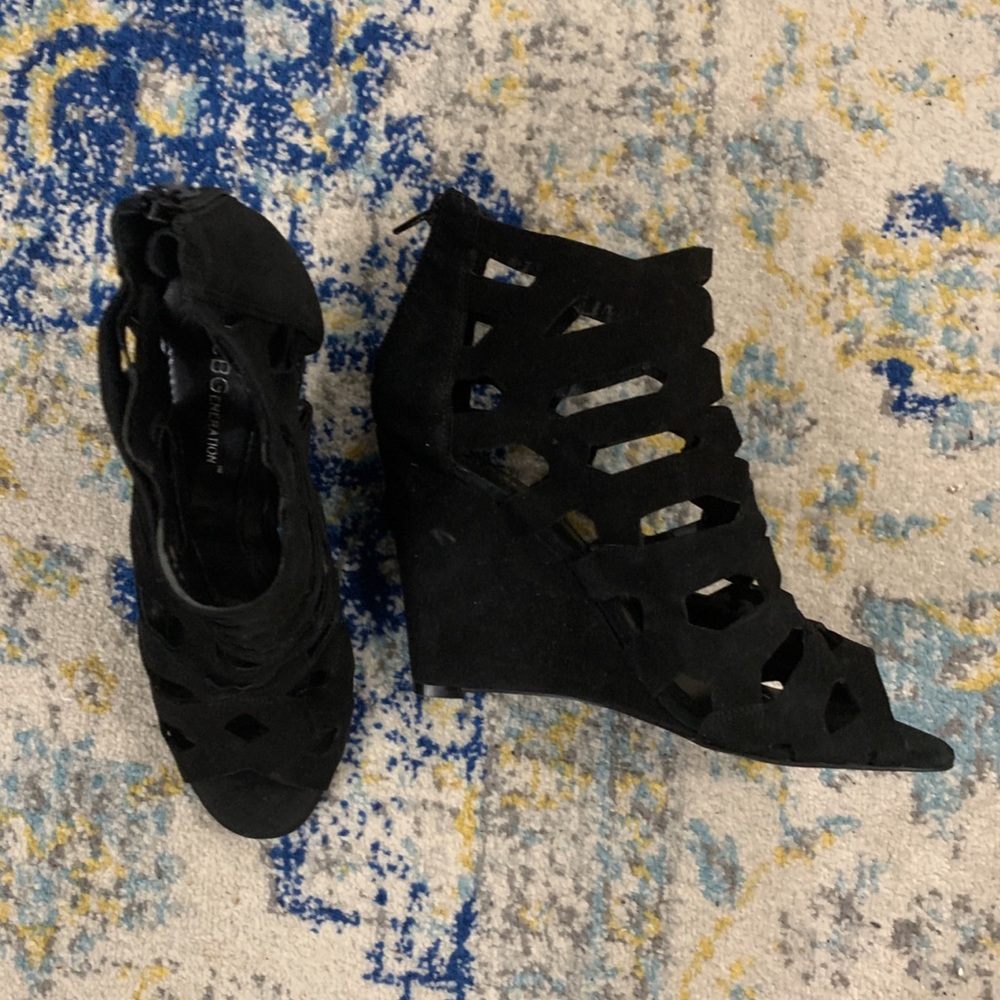 BCBG Laser Cut Wedge Peep Toe Sandals